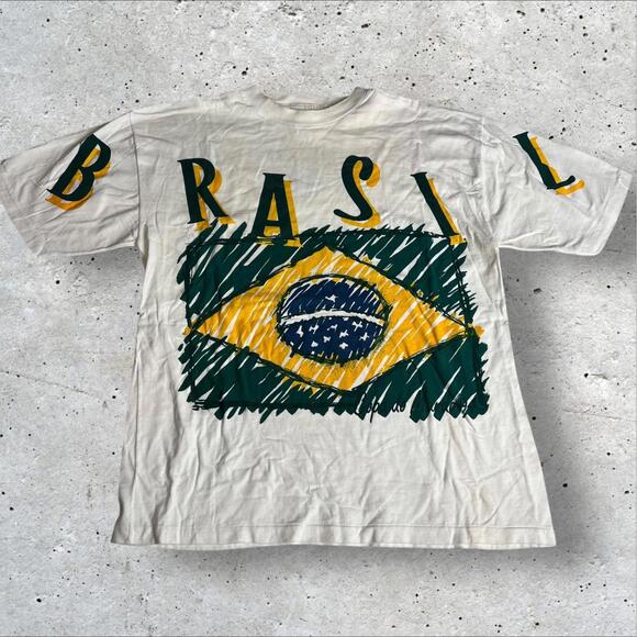 Vintage‎ Brazil Flag Graphic AOP Single Stitch Spell Out T Shirt Copa do Mundo